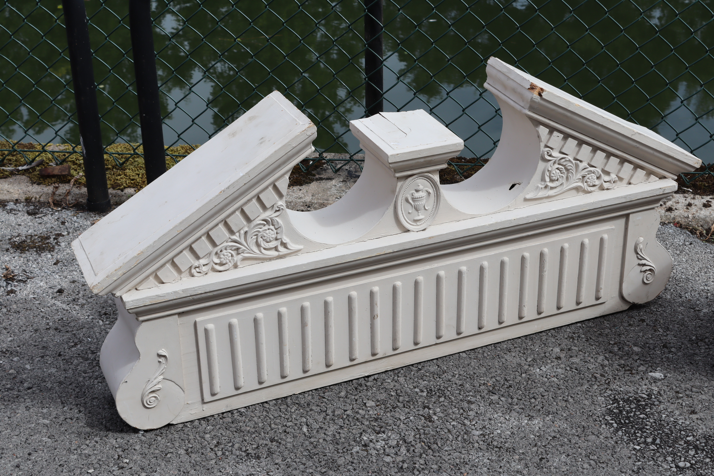 A pair of white-painted wooden architectural broken-arch pediments with moulded classical - Image 3 of 7