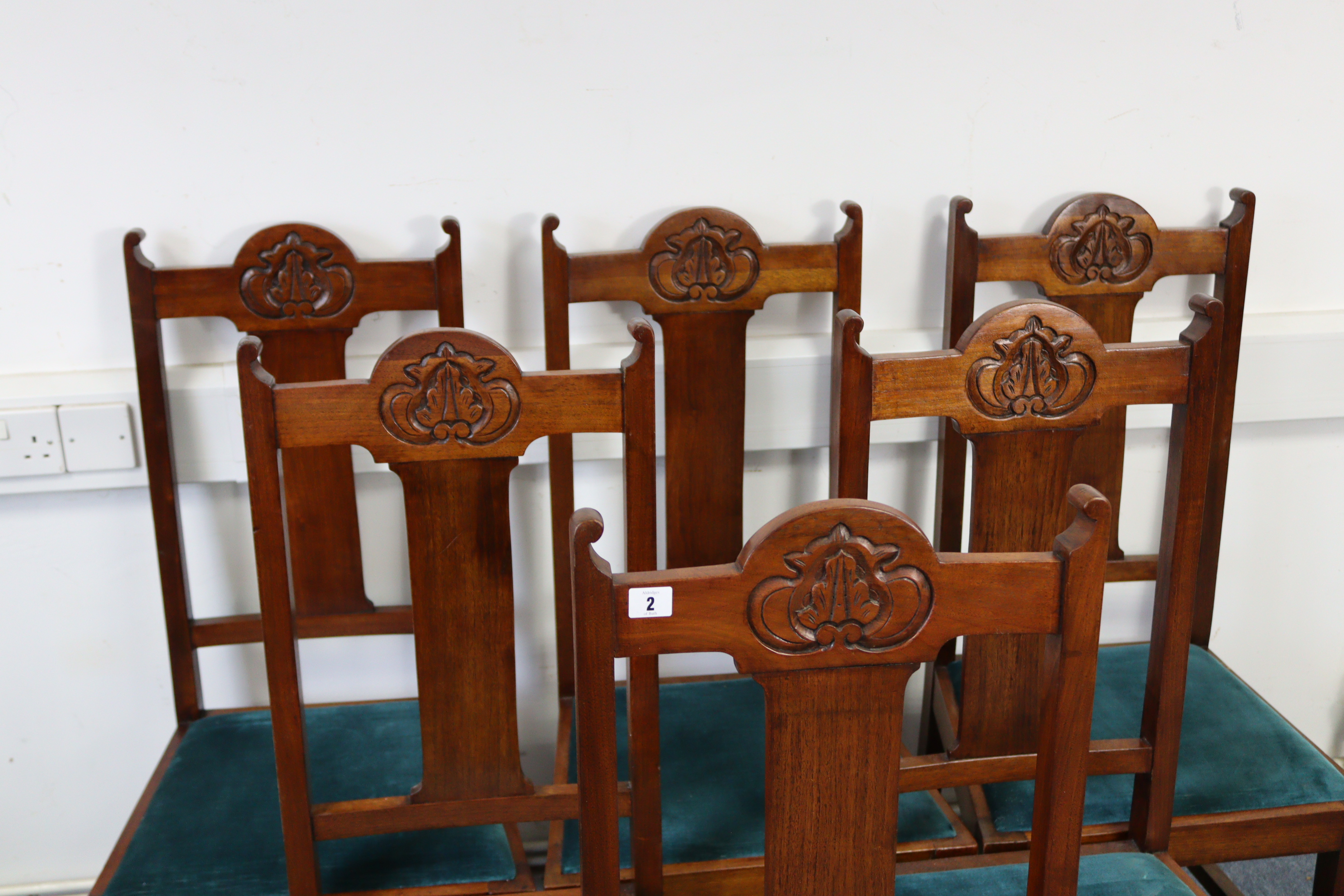 A set of six 1930’s carved walnut rail-back dining chairs with padded drop-in seats & on square - Image 2 of 4