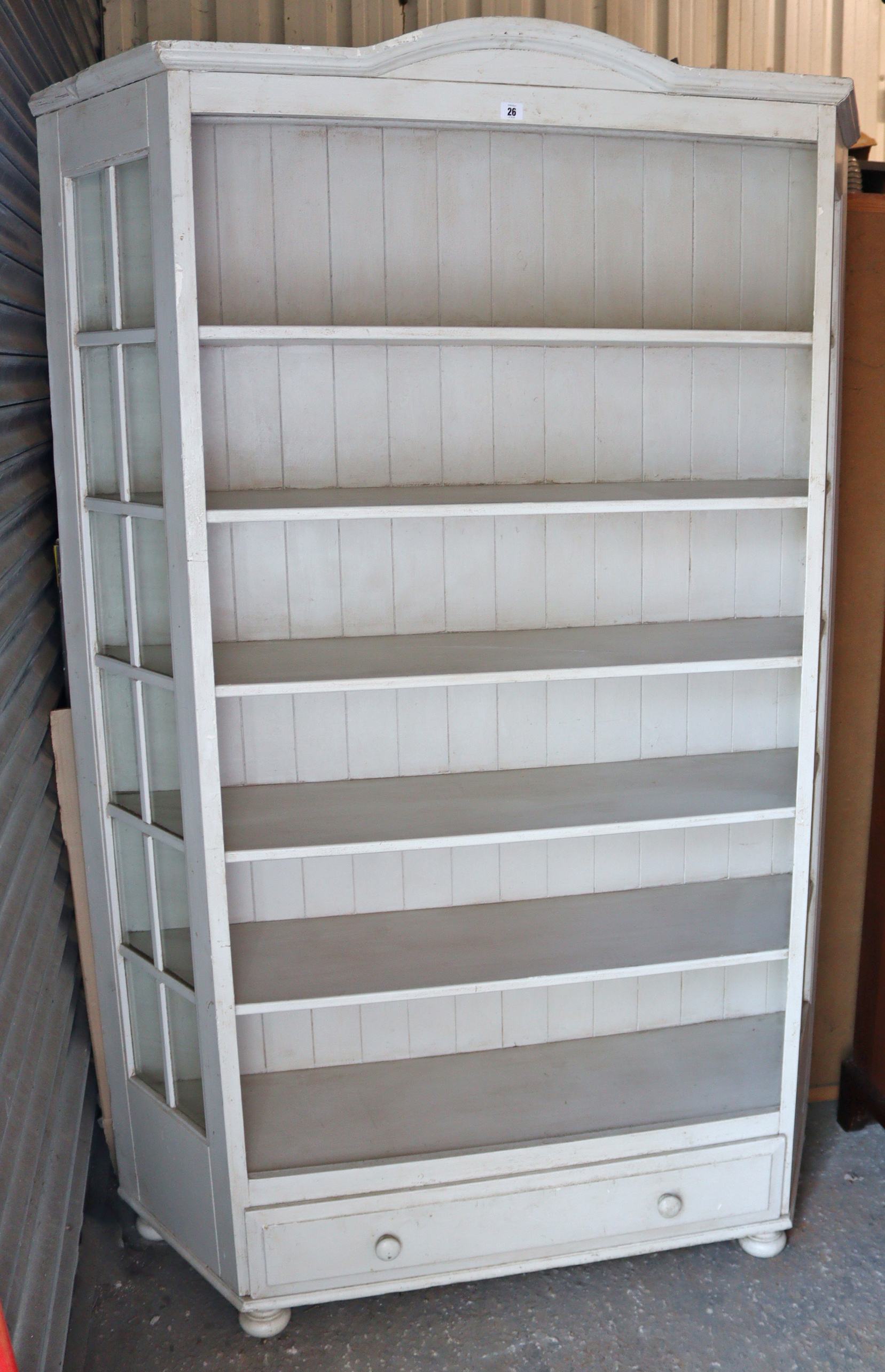 A light grey painted pine tall standing open bookcase, fitted five shelves above a long drawer, with - Image 3 of 5