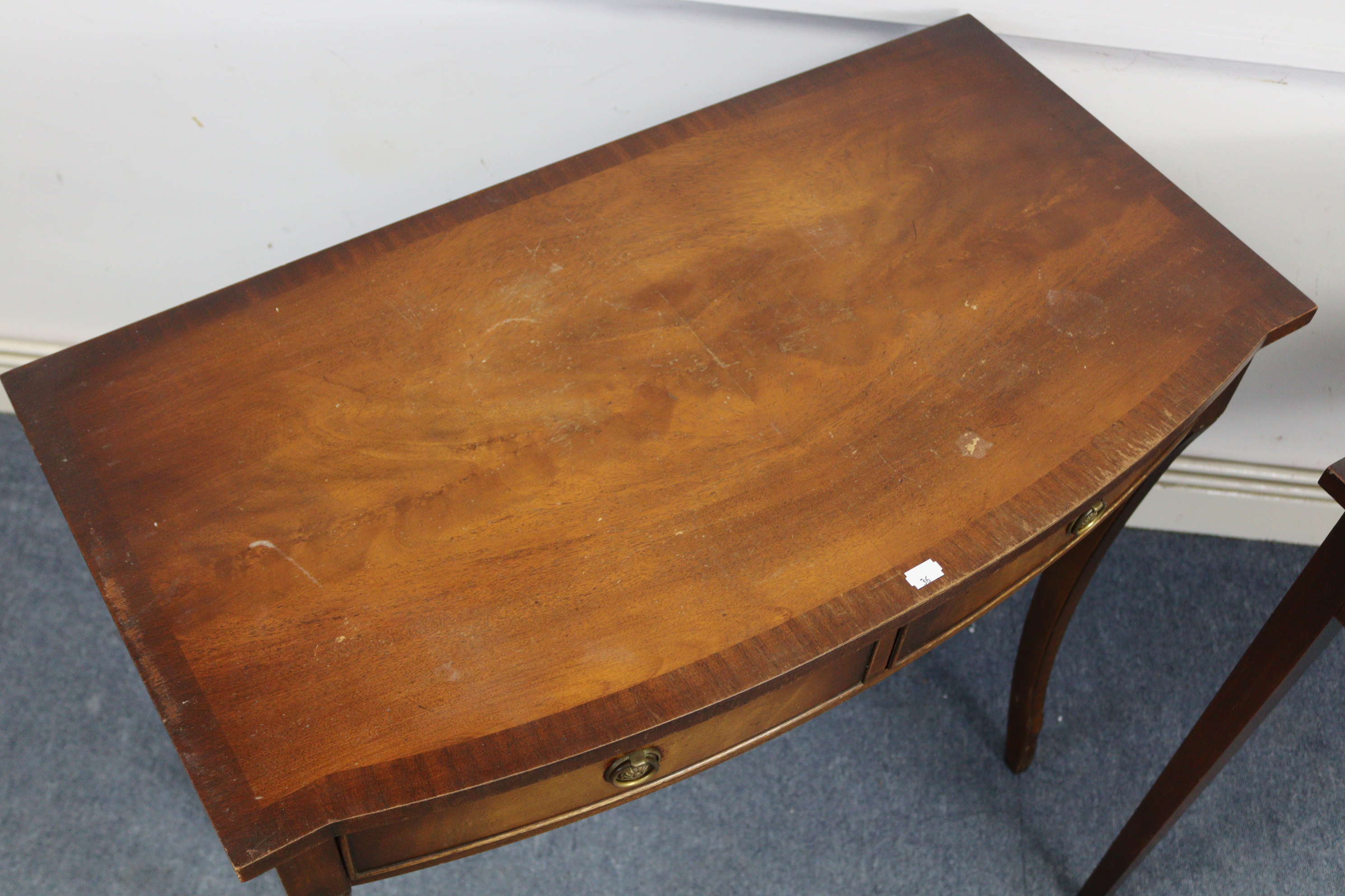 A pair of reproduction mahogany crossbanded bow-front side tables, each fitted two frieze drawers, & - Image 3 of 7