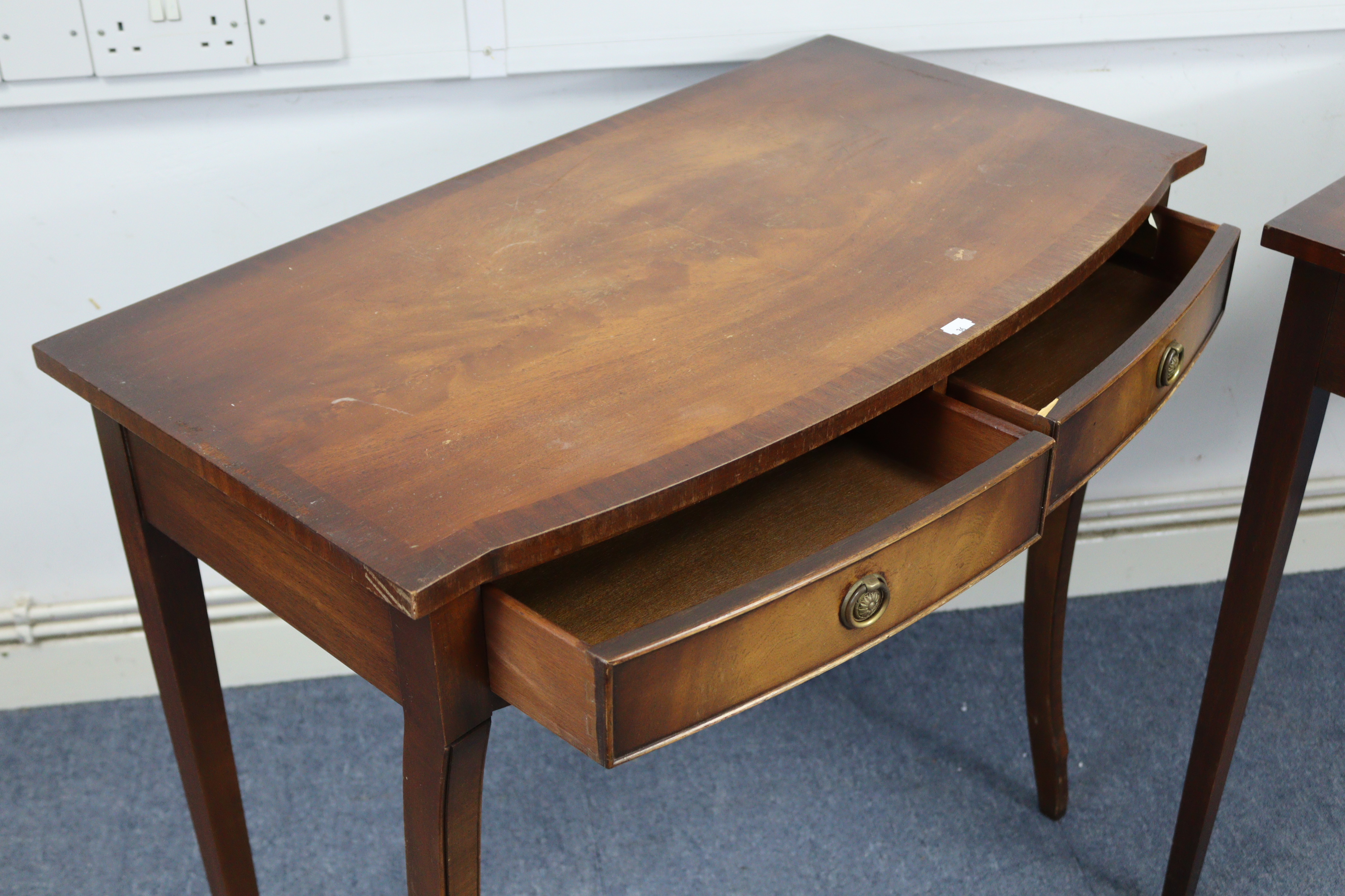 A pair of reproduction mahogany crossbanded bow-front side tables, each fitted two frieze drawers, & - Image 5 of 7