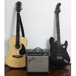 An Encore six-string electric guitar; a Fender “Frontman 15G” practice amplifier; & a Martin Smith