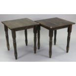 A pair of hardwood bar-room tables, each with square top & on four turned legs, 27” wide x 30”