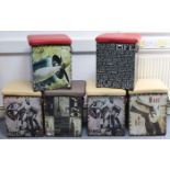Six metal storage boxes, each with padded seat, & with different retro-style lithograph design,