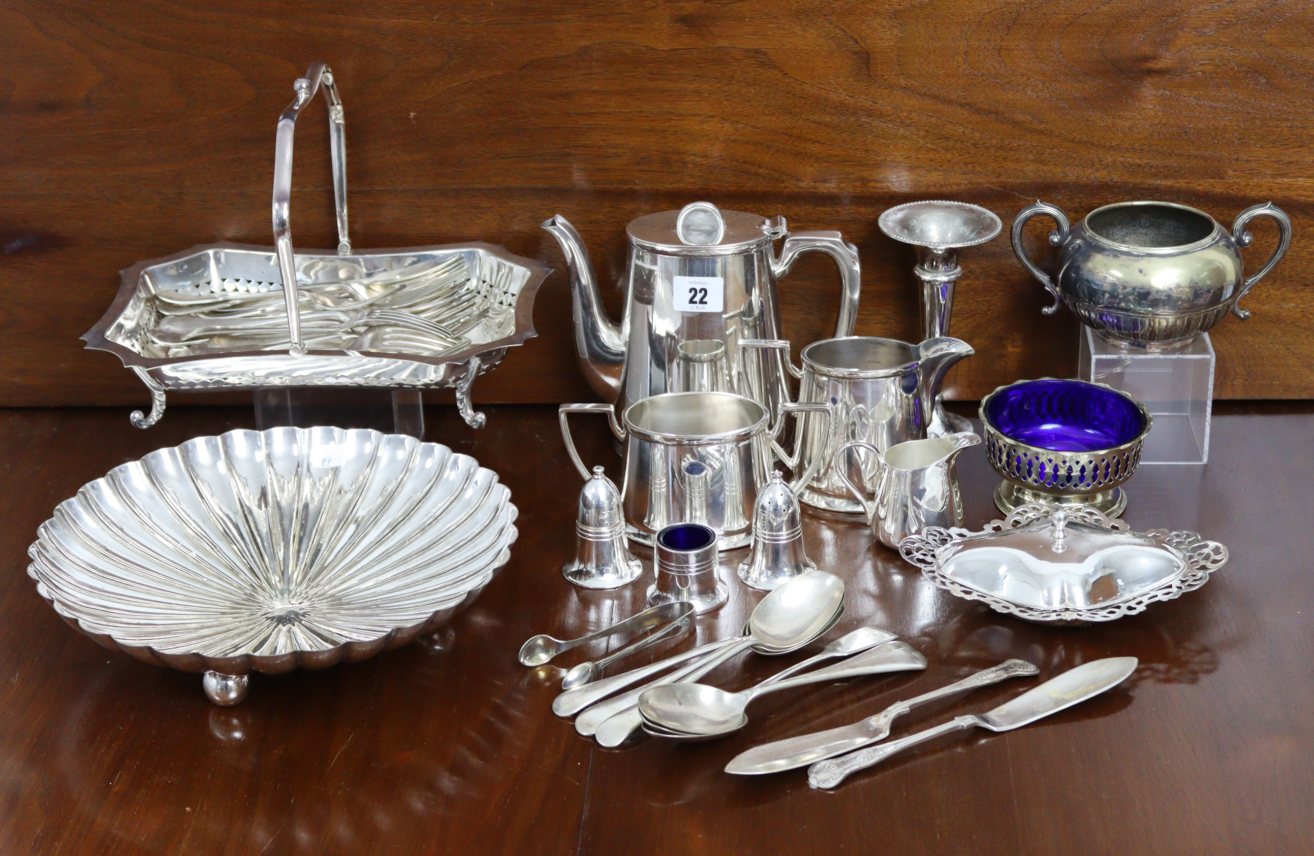 A Walker & Hall silver plated three-piece tea service of oval tapered form; a silver plated