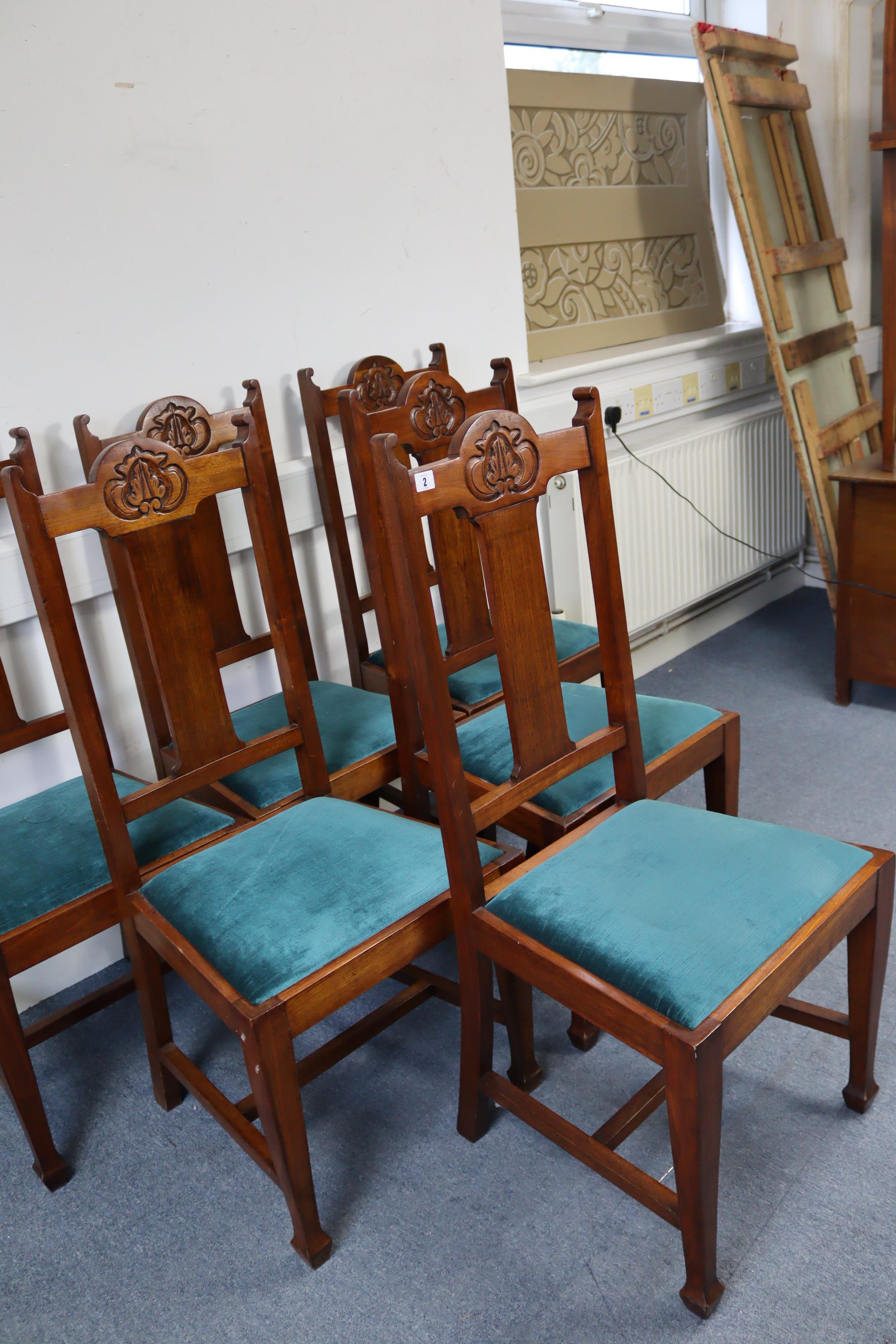 A set of six 1930’s carved walnut rail-back dining chairs with padded drop-in seats & on square - Image 4 of 4