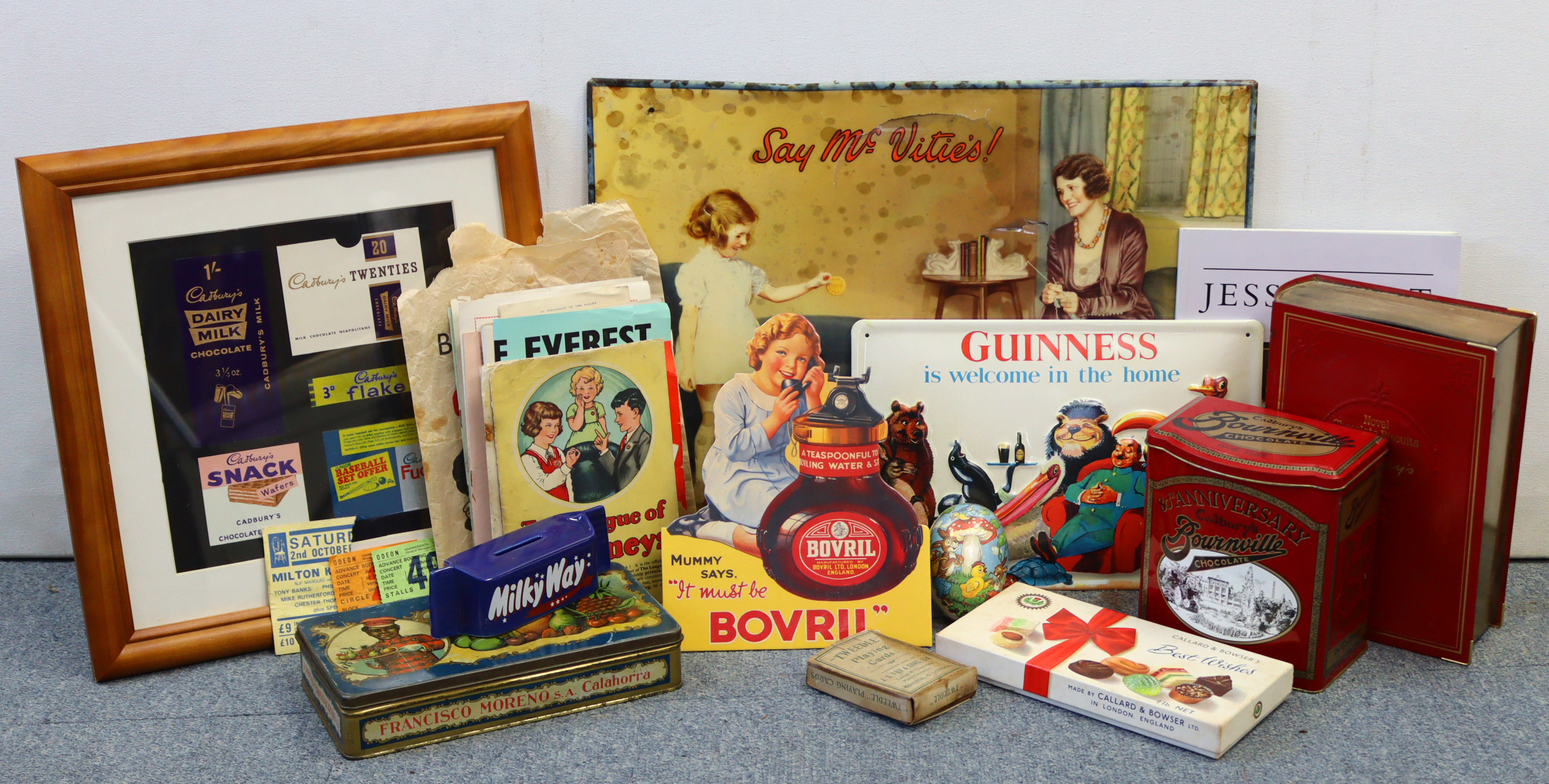 Various advertising tins, boxes, signs, etc.