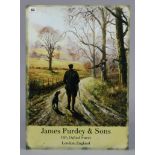 A reproduction rectangular tin sign: “James Purdey & Sons”, 27½” x 19¾”.