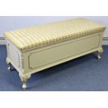 A matching box ottoman with padded hinged seat, & on short cabriole legs & pad feet, 48” long.