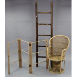A bamboo free-standing ladder, 79” high; together with a pine folding clothes airer; & a woven