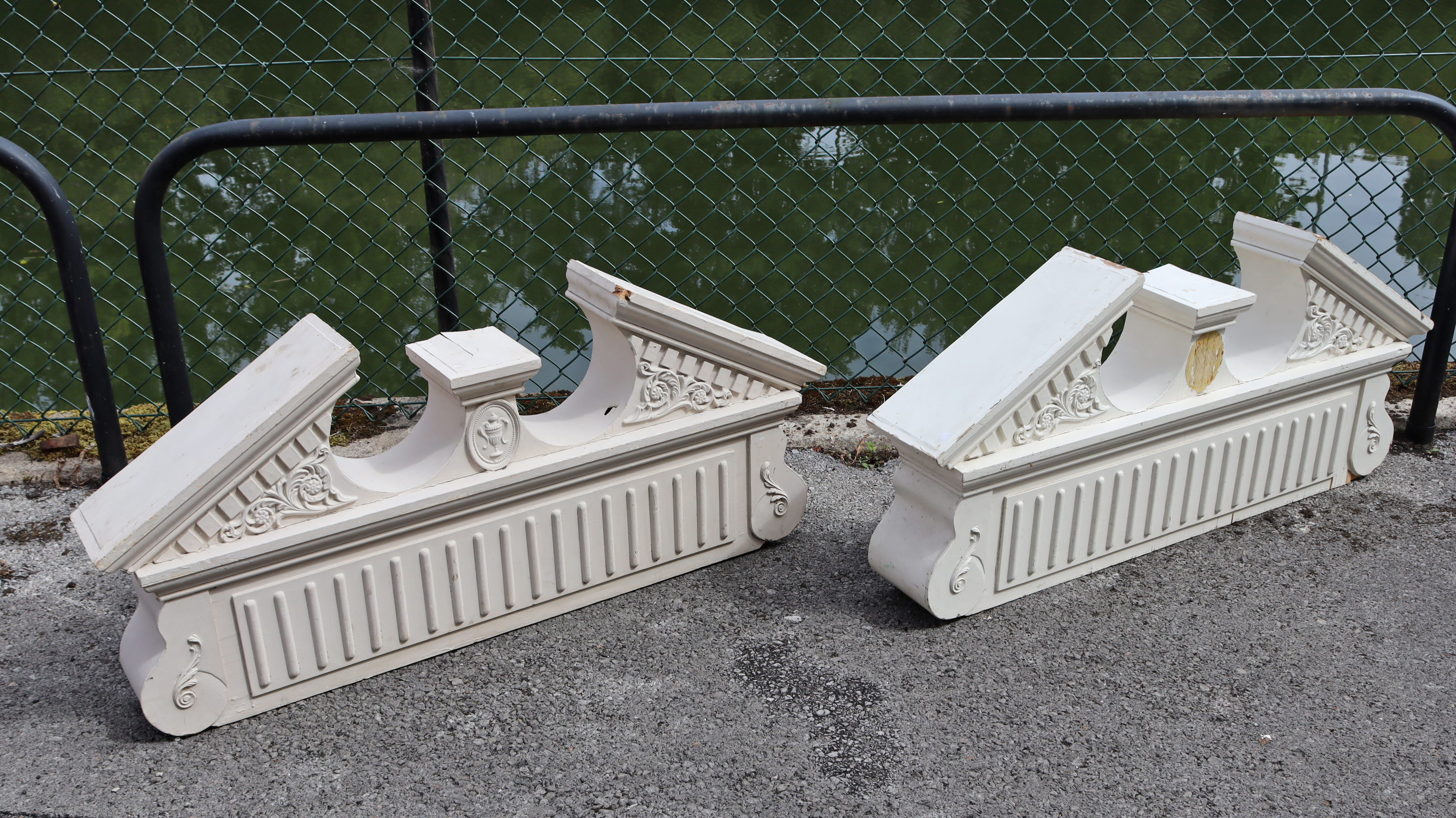 A pair of white-painted wooden architectural broken-arch pediments with moulded classical - Image 2 of 7