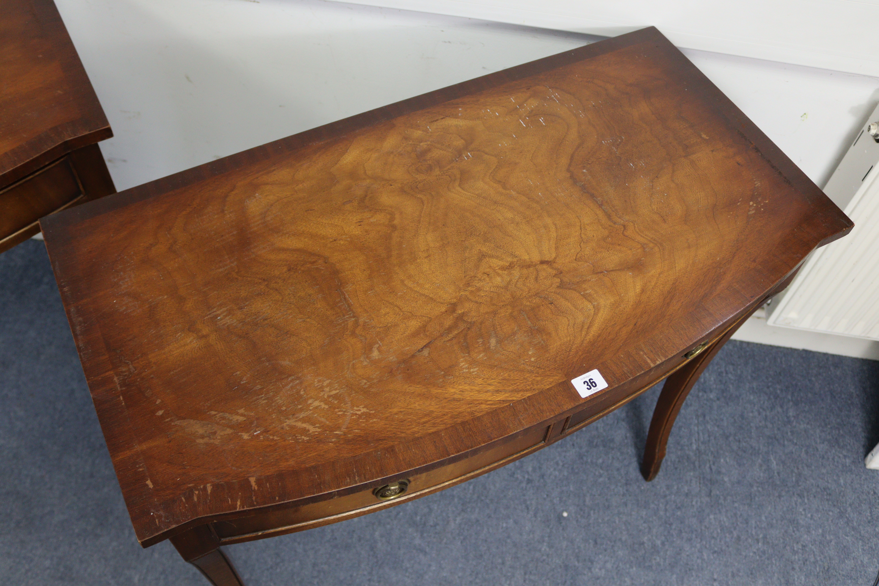 A pair of reproduction mahogany crossbanded bow-front side tables, each fitted two frieze drawers, & - Image 4 of 7