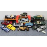 Thirteen various large scale model cars, one boxed.
