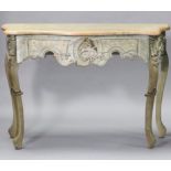 A continental-style light grey & green finish wooden serpentine-front hall table, with moulded front