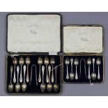 A set of twelve George V silver bright-cut coffee spoons & a matching pair of sugar tongs, Sheffield