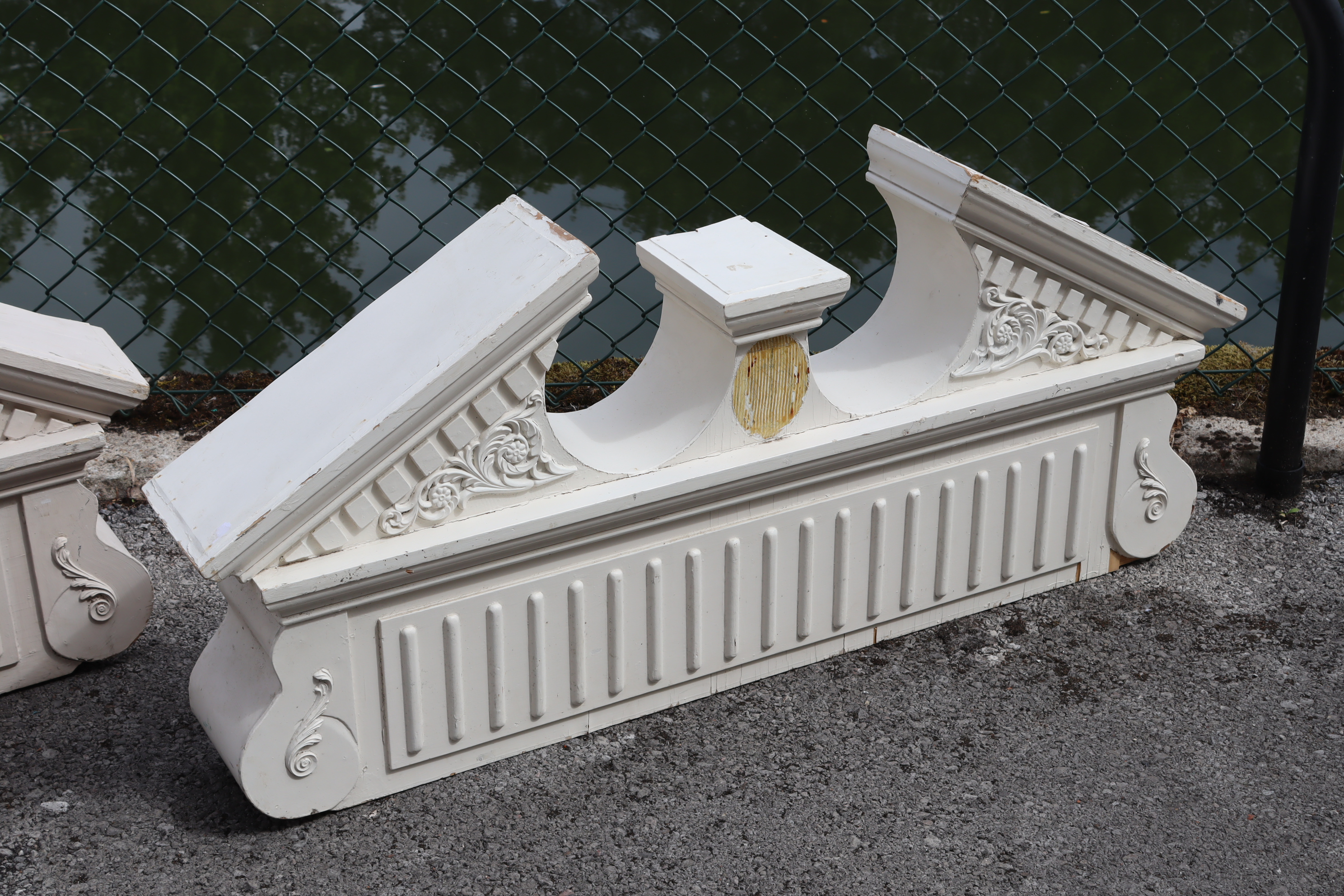 A pair of white-painted wooden architectural broken-arch pediments with moulded classical - Image 4 of 7