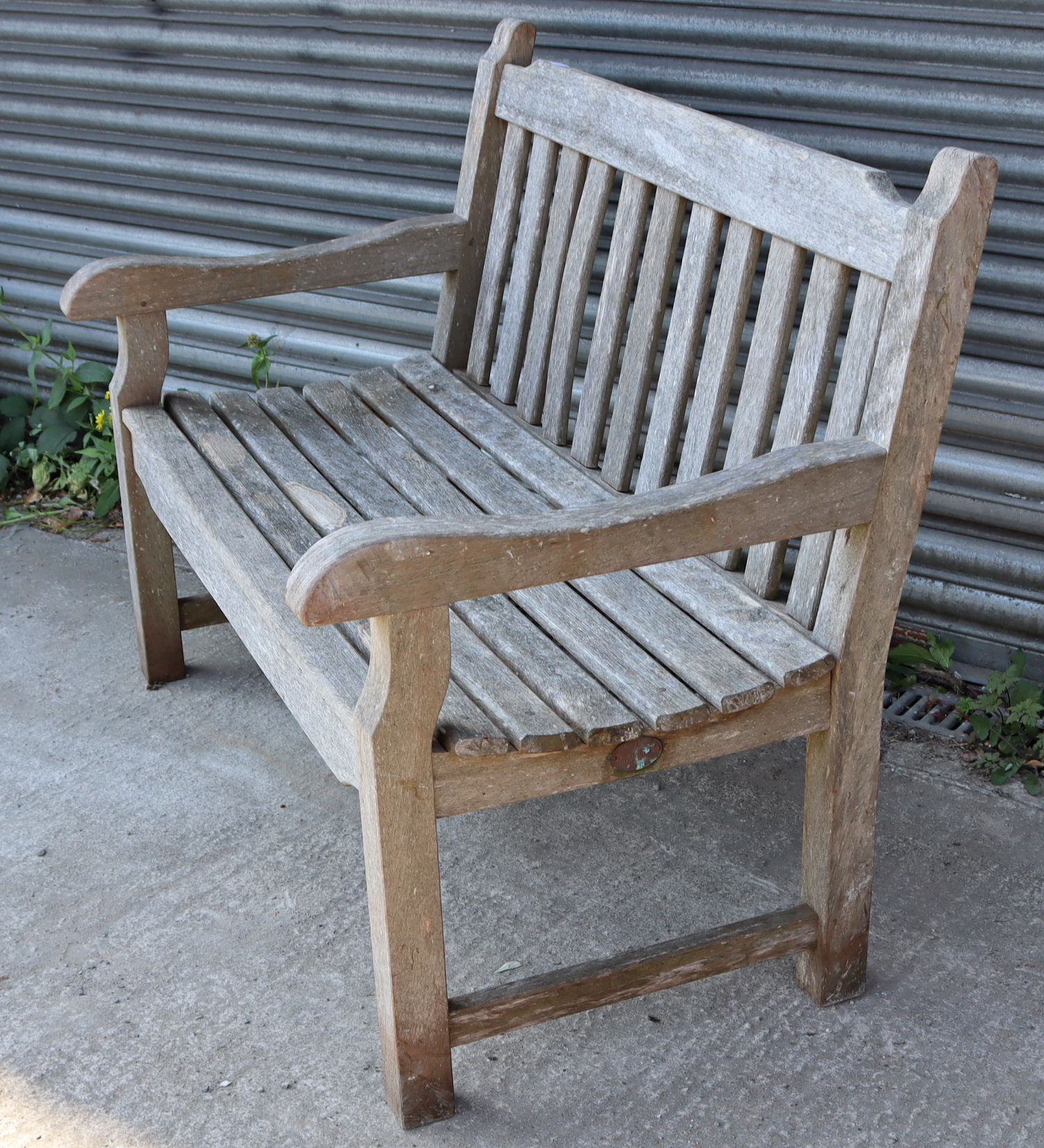 A teak slatted garden bench, on square legs with plain stretchers, 48” long. - Image 2 of 3