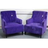 A pair of buttoned-back easy chairs, upholstered purple velour, & on ebonised short square tapered