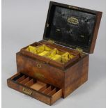 A 19th century mahogany apothecary’s travelling box, with fitted interior enclosed by hinged lift-