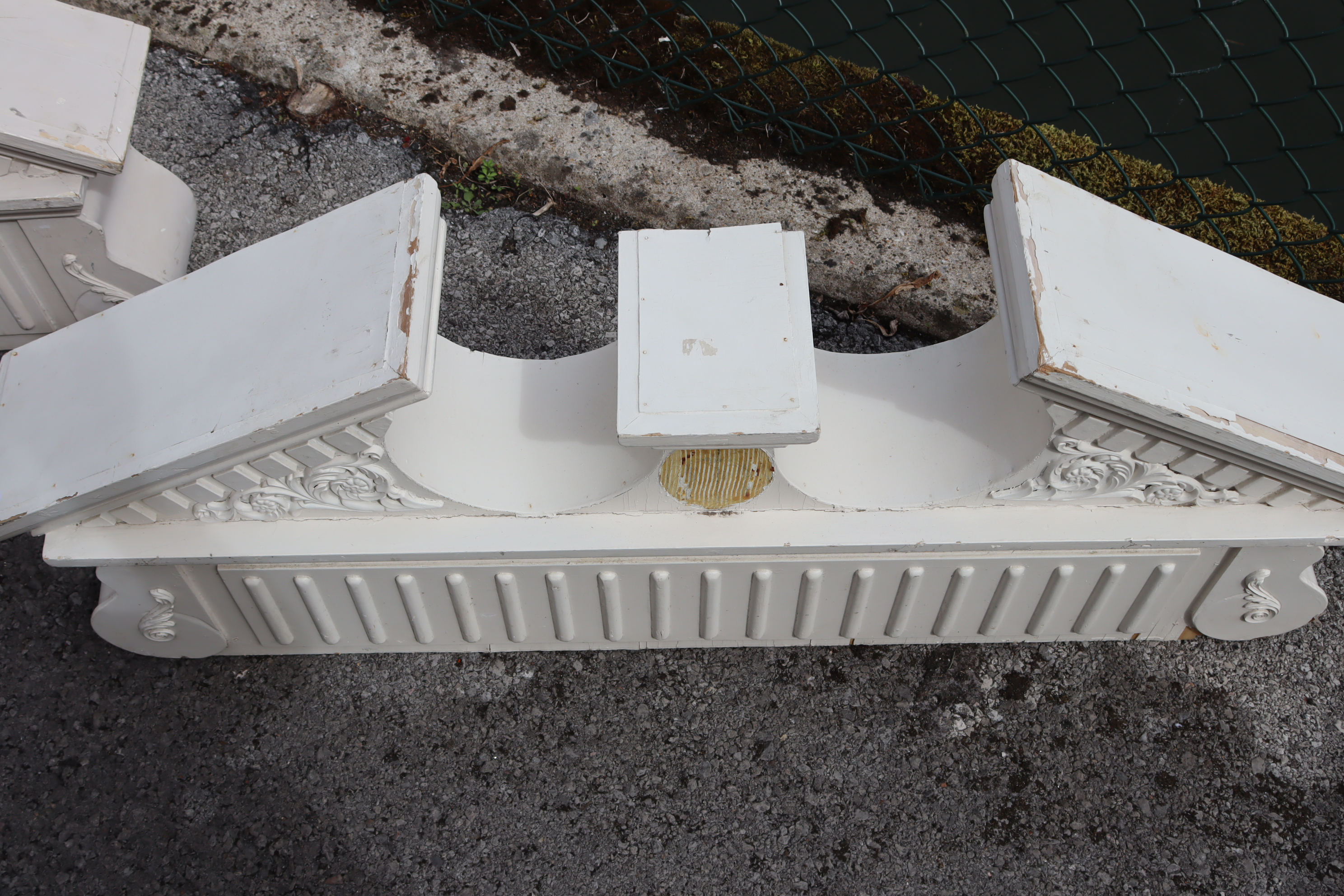 A pair of white-painted wooden architectural broken-arch pediments with moulded classical - Image 6 of 7