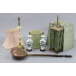 A 19th century copper warming pan with long turned wooden handle; together with four table lamps-