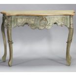 Another continental-style light grey & green finish wooden serpentine-front hall table, with moulded