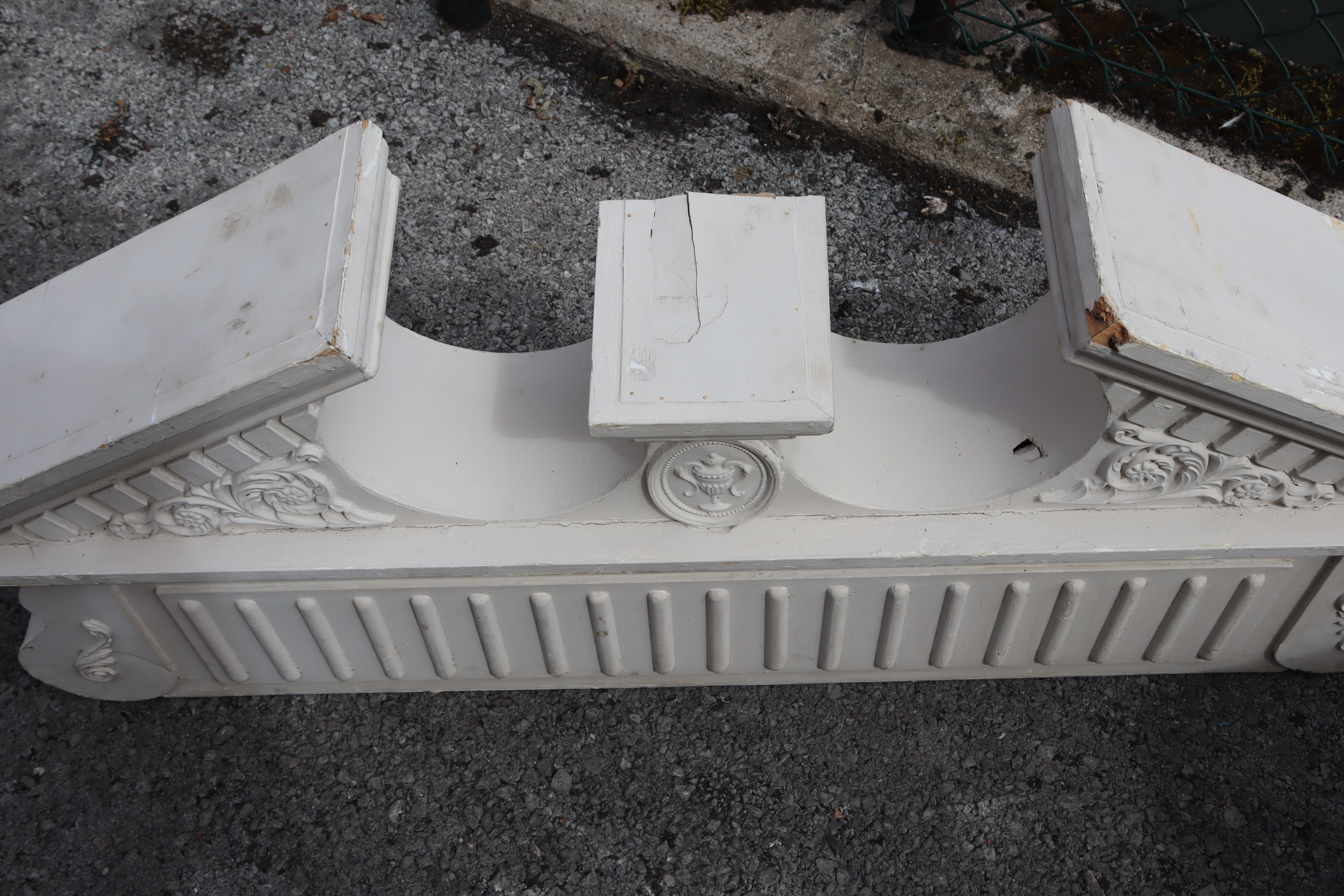 A pair of white-painted wooden architectural broken-arch pediments with moulded classical - Image 5 of 7