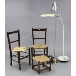 Two rail-back occasional chairs; an oak string-seat foot stool; & three standard lamps.