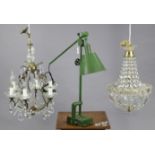 A green painted metal industrial table lamp; together with two ceiling light fittings.