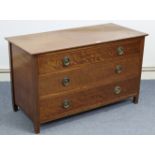 An Edwardian mahogany crossbanded low chest, fitted three long graduated drawers with brass ring