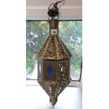 A brass hall lantern of octagonal form, 20” high; together with two other ceiling lights.