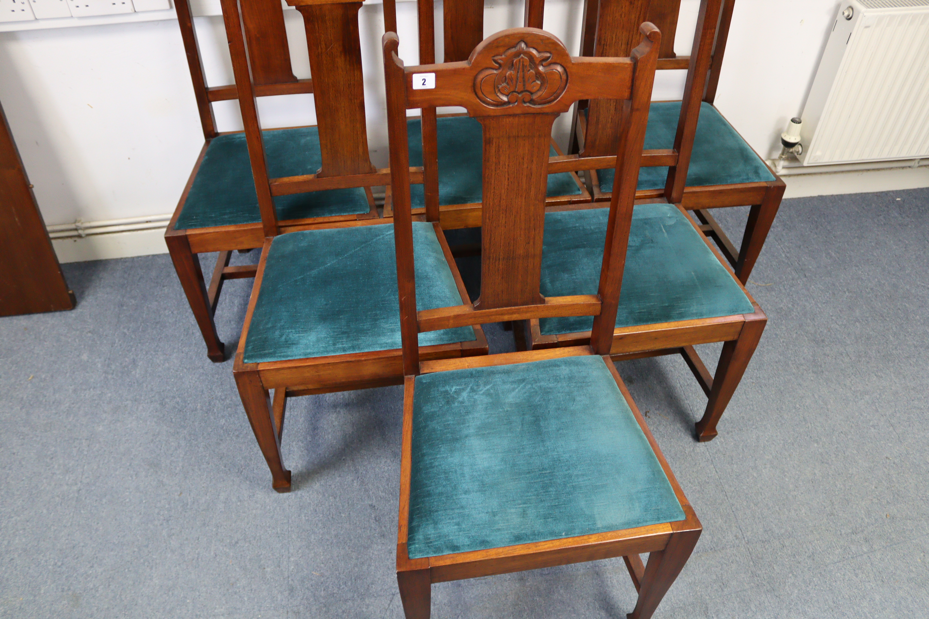 A set of six 1930’s carved walnut rail-back dining chairs with padded drop-in seats & on square - Image 3 of 4