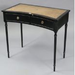 A 19th century-style ebonised-finish inverted bow-front writing table inset tooled leather cloth,