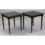 A pair of mahogany-finish bar-room tables, each with square top, & on four fluted tapering legs,