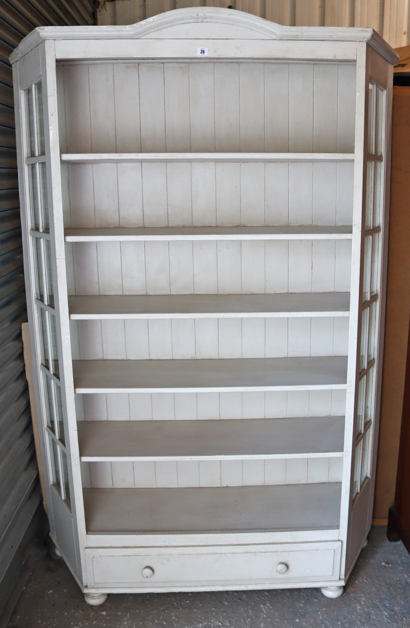 A light grey painted pine tall standing open bookcase, fitted five shelves above a long drawer, with - Image 2 of 5