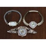 Three 9ct. gold cased ladies’ wristwatches, each with yellow-metal bracelet.