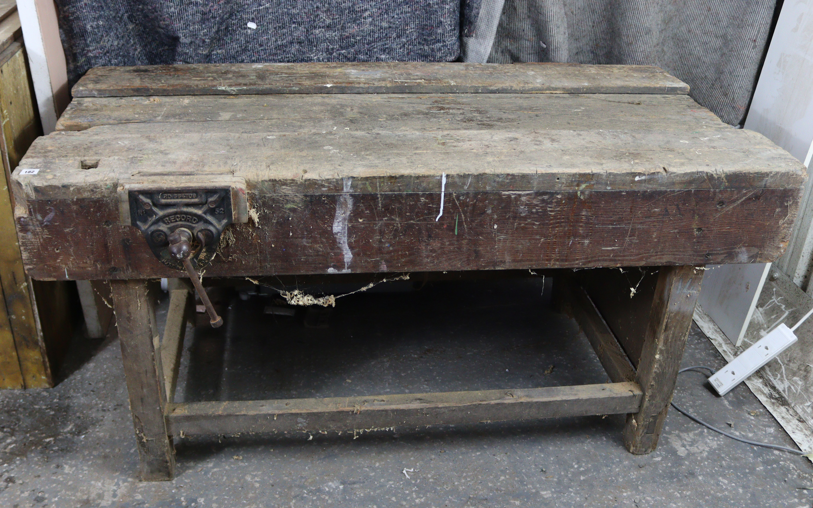 A wooden carpenter’s work bench on square legs with plain stretchers, & fitted with a Record No. - Image 2 of 6