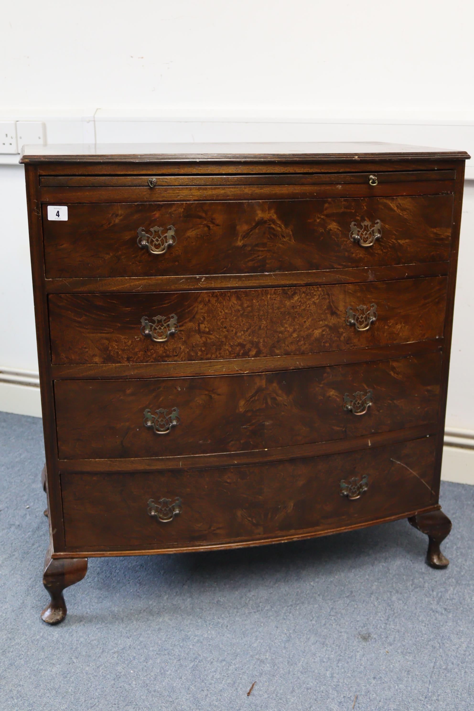 A reproduction walnut small bow-front chest, fitted brushing slide above four long graduated drawers - Image 3 of 4