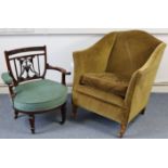 An early-mid 20th century low easy chair, upholstered gold velour & on short square tapered legs