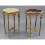 A pair of continental-style carved giltwood occasional tables, (one inset scagiola top), on fluted &