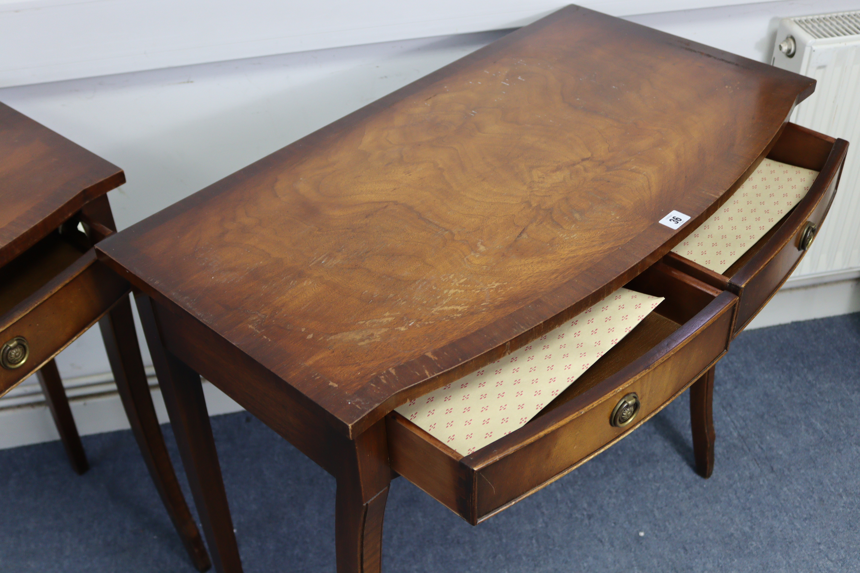 A pair of reproduction mahogany crossbanded bow-front side tables, each fitted two frieze drawers, & - Image 6 of 7