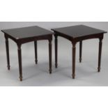 A pair of mahogany-finish bar-room tables, each with square top, & on four fluted tapering legs,