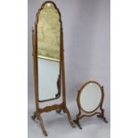 A mahogany rectangular cheval mirror, on square tapered supports & four splay legs, 60½” high; &