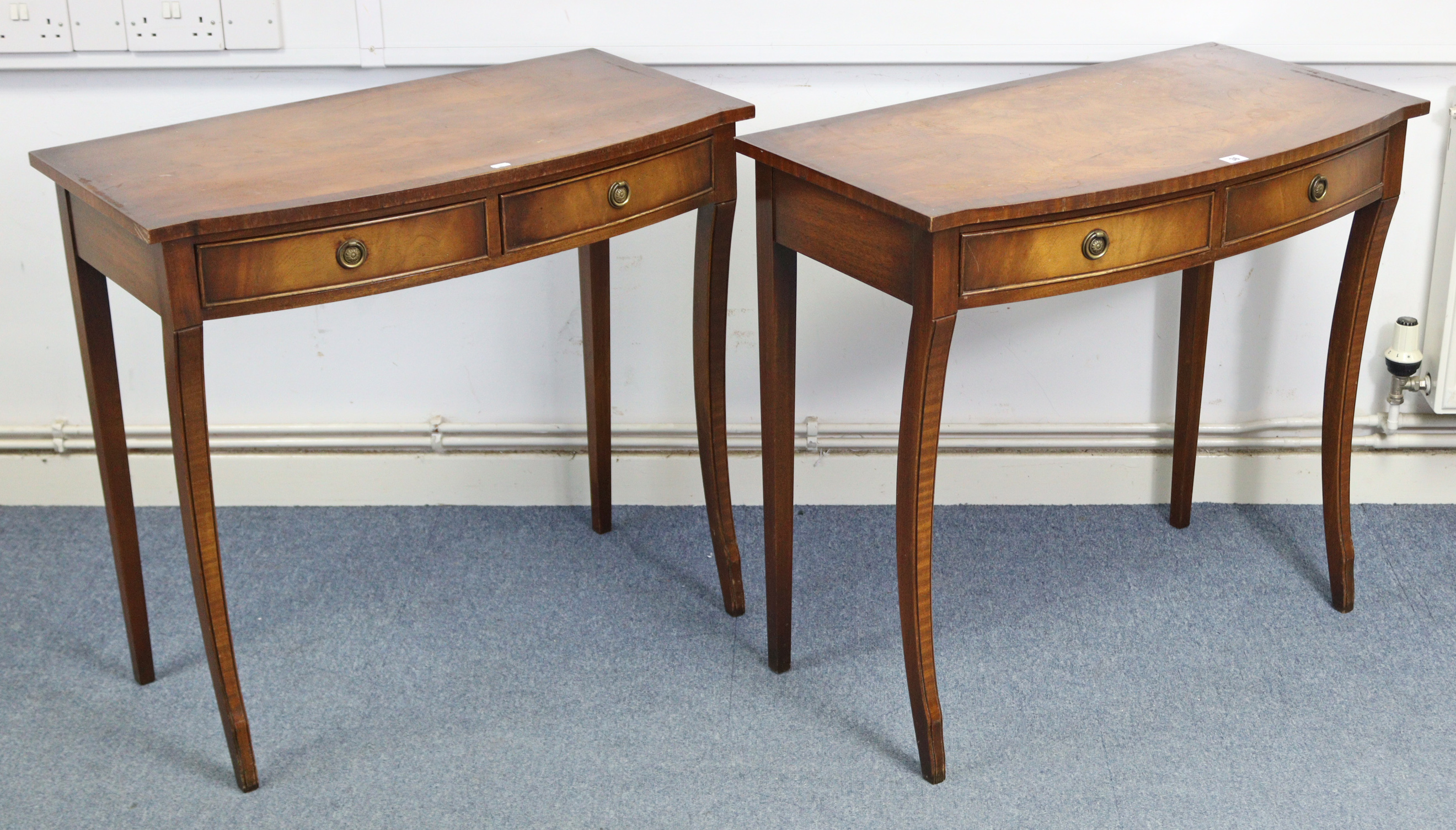 A pair of reproduction mahogany crossbanded bow-front side tables, each fitted two frieze drawers, & - Image 2 of 7