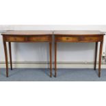 A pair of reproduction mahogany crossbanded bow-front side tables, each fitted two frieze drawers, &