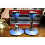 A pair of silver & blue enamelled candlesticks, 4¾” high; together with a Roberts “RFM3”