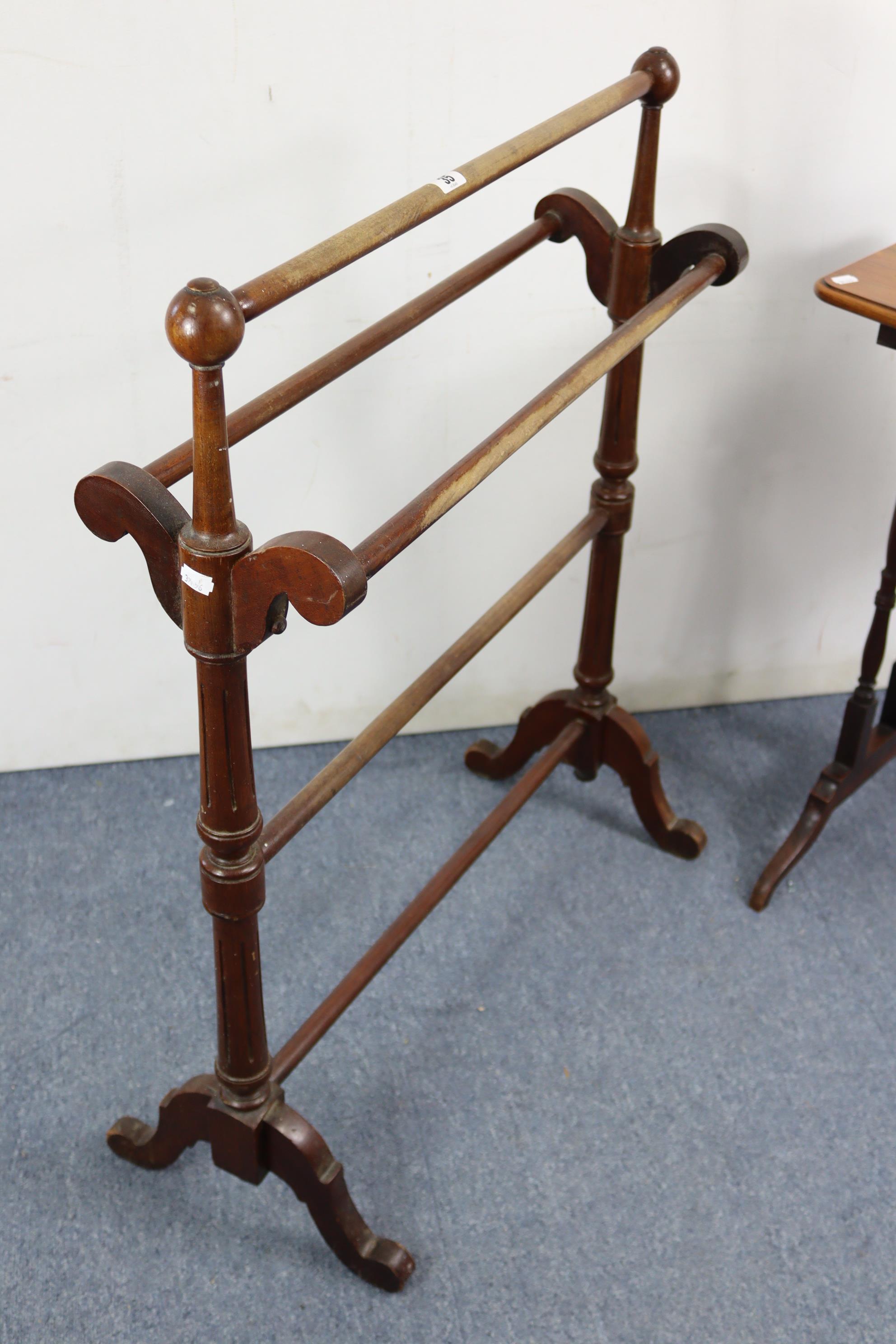 A late Victorian mahogany towel horse, with fluted & turned end supports & cabriole legs, 26½” wide; - Image 2 of 3