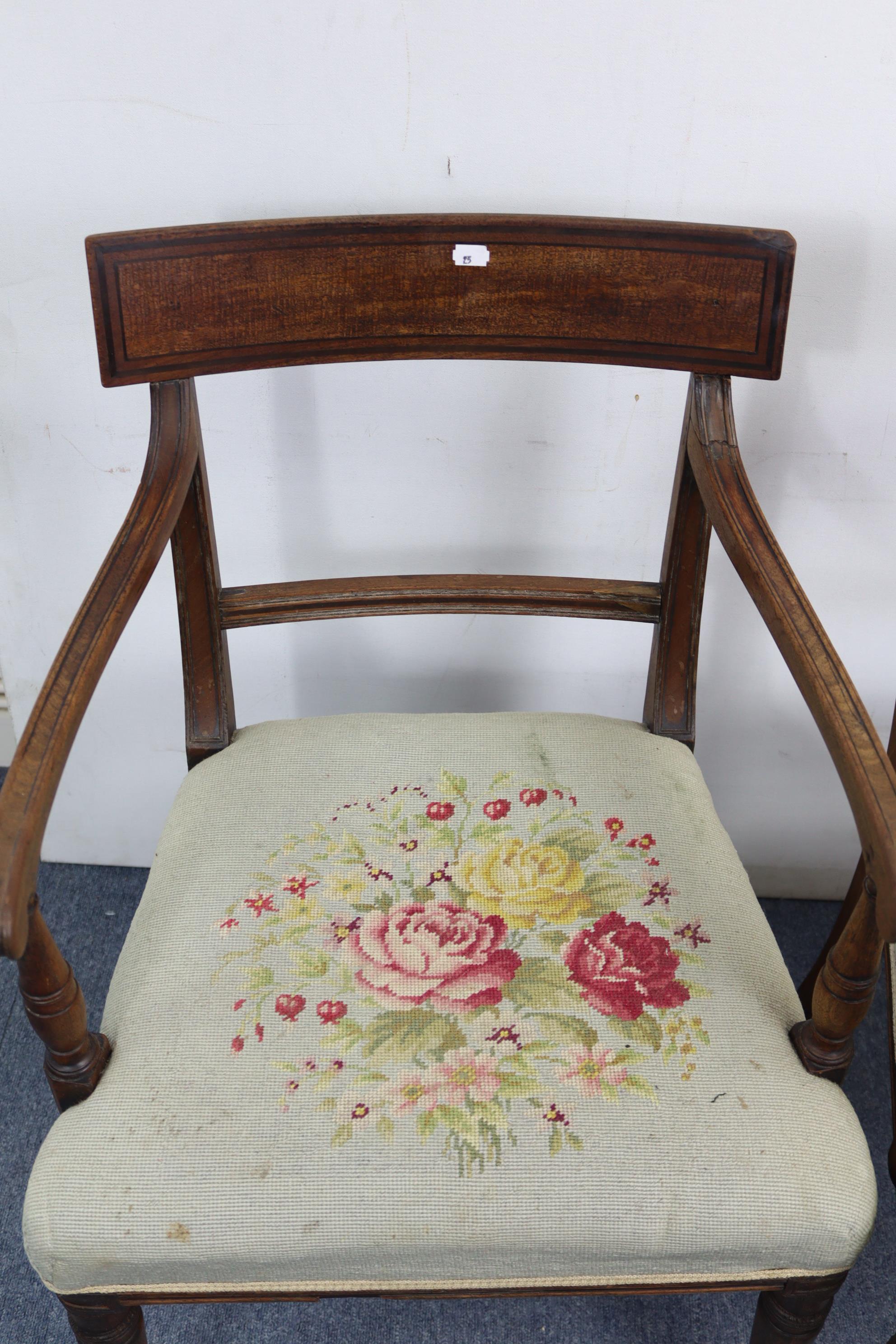 A pair of regency mahogany bow-back carver chairs with padded seats, on turned tapered legs. - Image 3 of 4