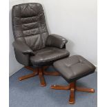 A dark brown leatherette swivel & reclining easy chair on wooden base; & a ditto rectangular foot