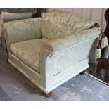 A similar large armchair upholstered old gold & light grey foliate material.